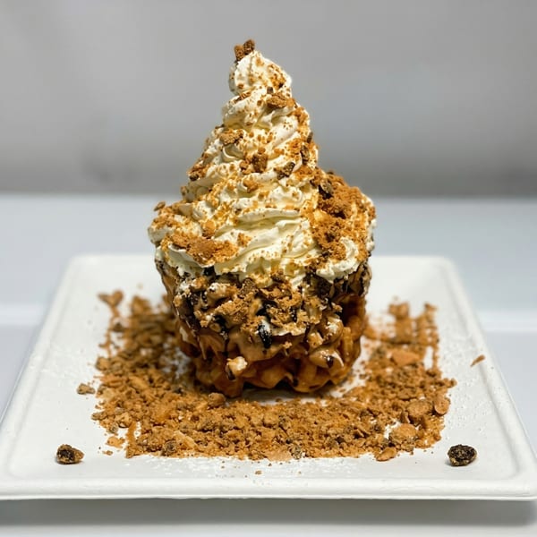 A tall dessert with whipped cream, chocolate, and cookie crumbles on a white plate.