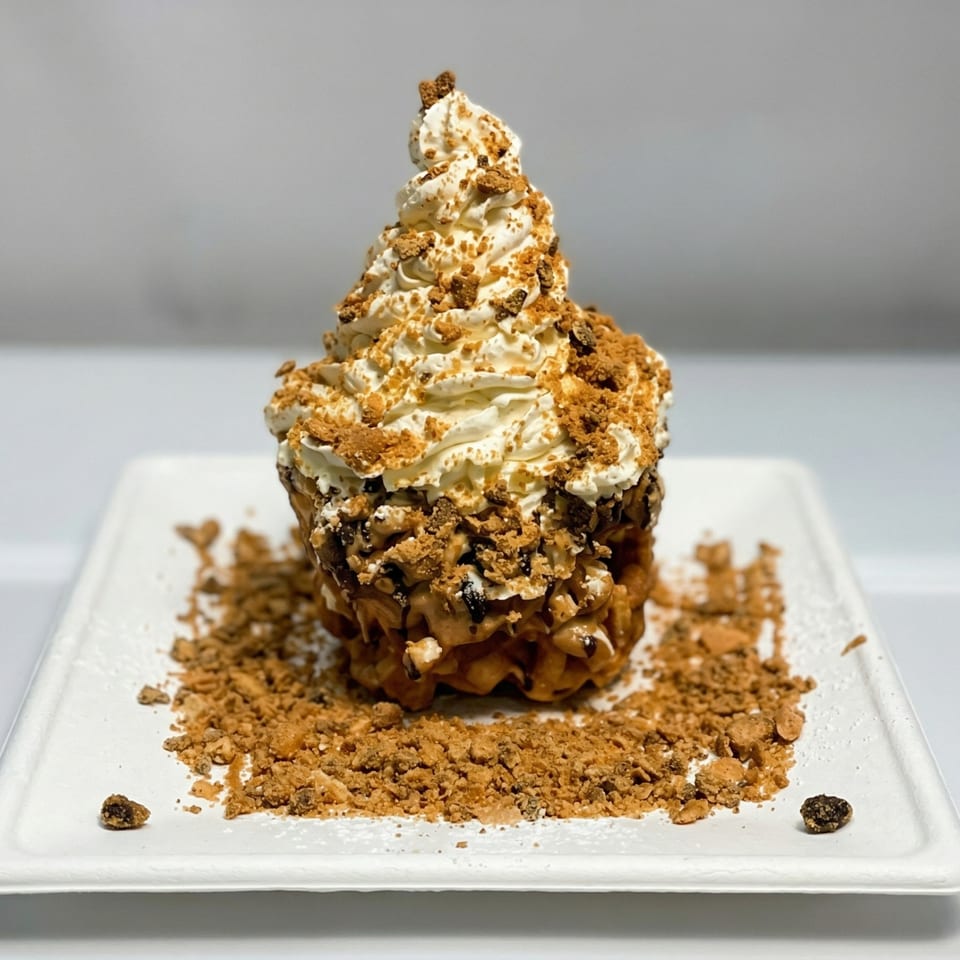 A tall dessert with whipped cream, chocolate, and cookie crumbles on a white plate.