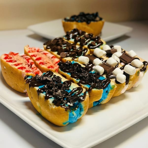 A white platter holds several dessert hot dogs with colorful fillings and various toppings.