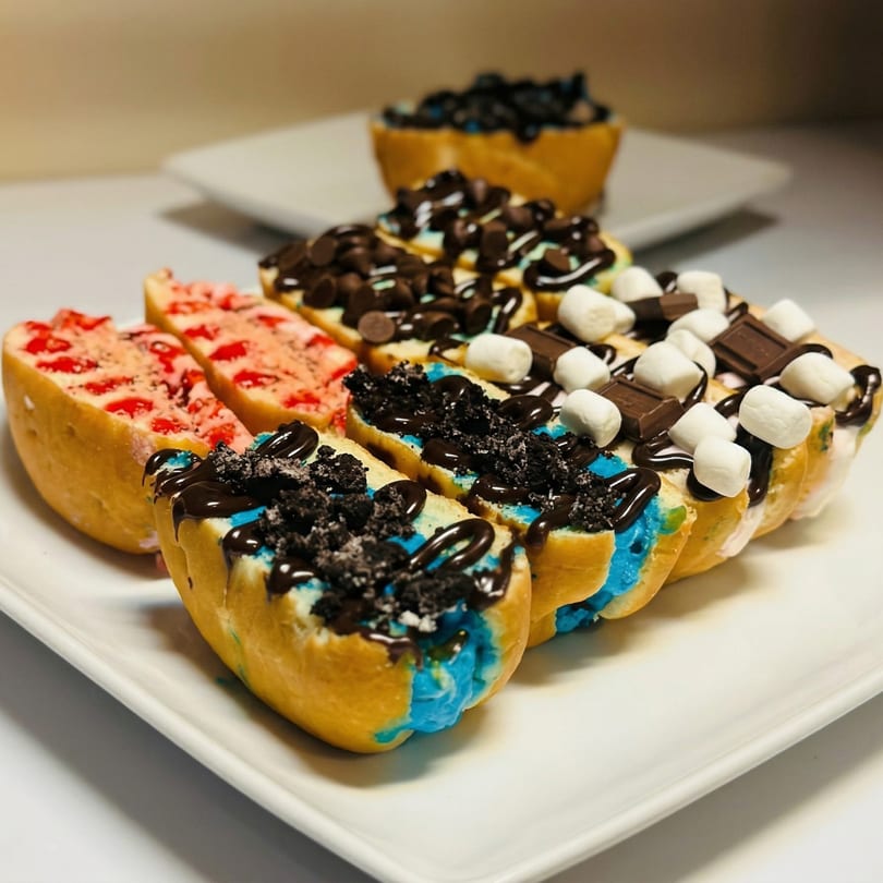 A white platter holds several dessert hot dogs with colorful fillings and various toppings.