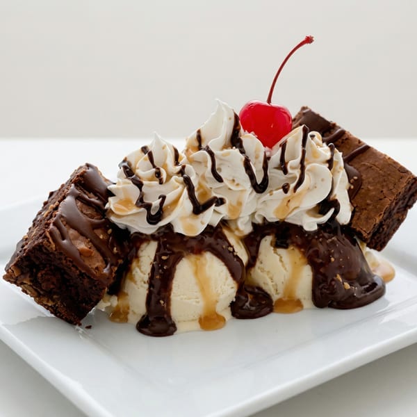Brownie sundae with vanilla ice cream, whipped cream, chocolate and caramel drizzle, and a cherry.