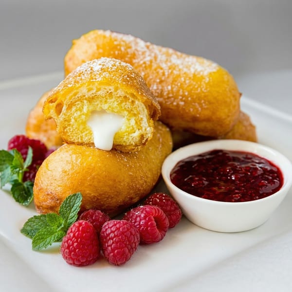 Golden-fried pastries filled with white cream, dusted with powdered sugar, served with raspberries and jam.